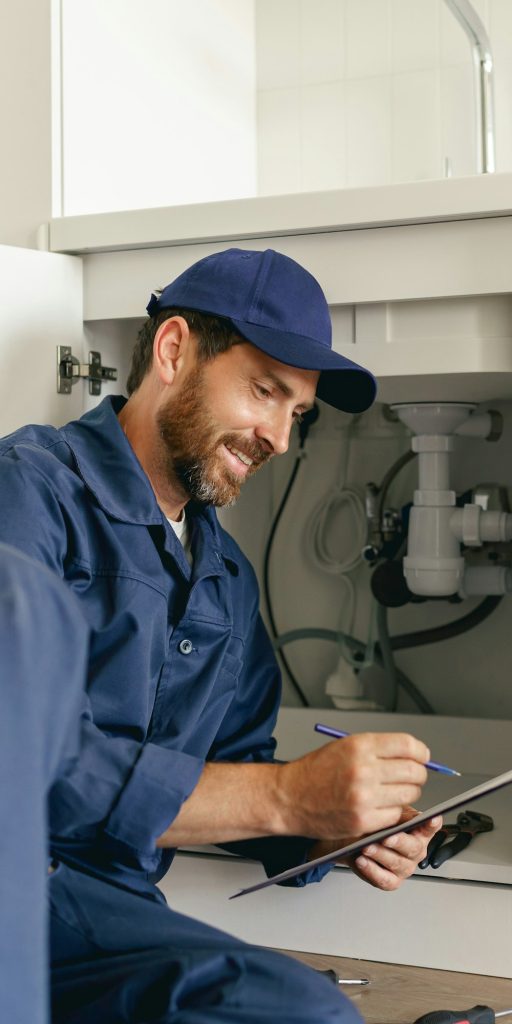 Professional plumber examine a siphon pipe on the kitchen sink after installation and making notes